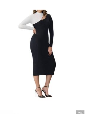 GSTQ Colorblock Black and White One-Shoulder Long Sleeve Dress